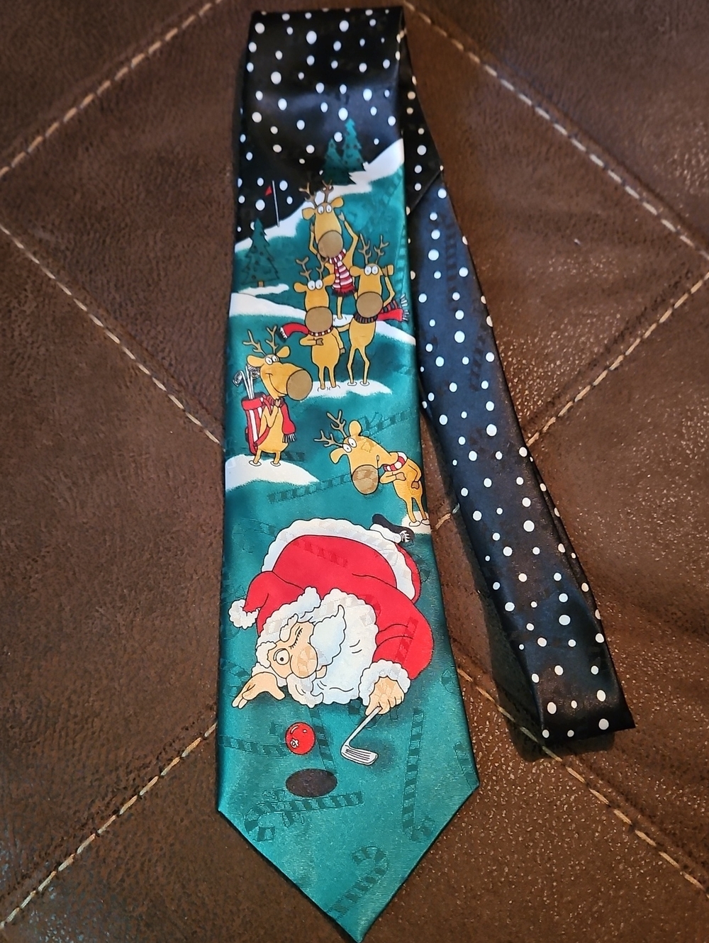 Hallmark Yule The Greetings Teal Men's Tie with Santa & Reindeer Golfing